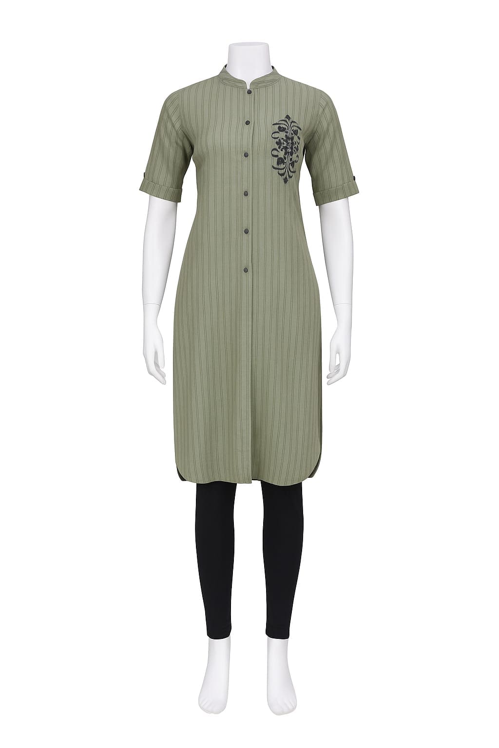 Elegant Olive Green Striped Kurti with Front Button Detailing – Mehlish Fashion